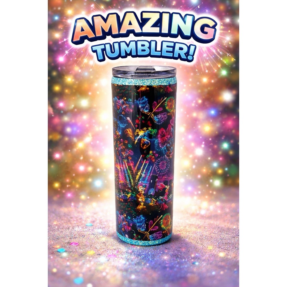 Glitter Tumbler Skinny Cup Disney Fireworks Pearl‎ Jean Creations 20 Oz